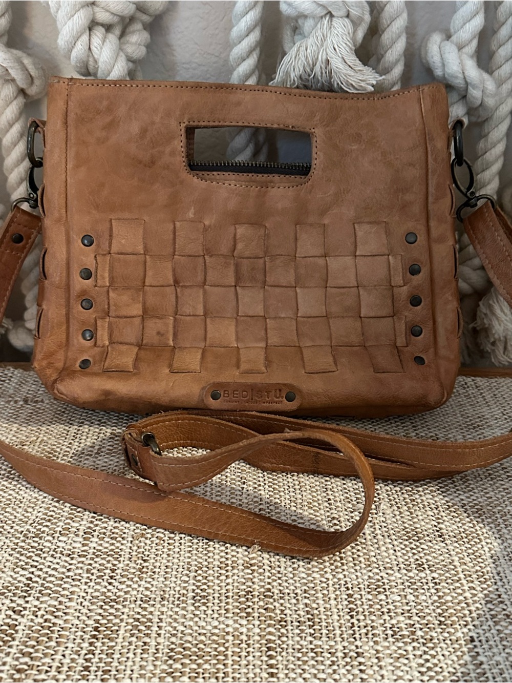 BED|STU Brown Woven Leather Messenger Bag